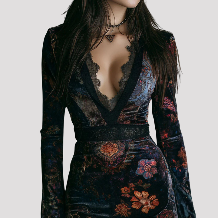 Alice | Floral Velvet Mini Dress with Lace Neckline