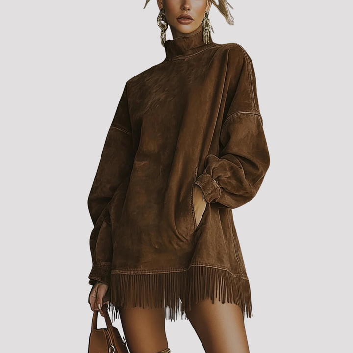 Harper | Fringe Hem Velvet Mini Dress with High Neck