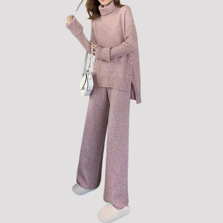 Linnea | Elegant Turtleneck Knit Sweater And Wide Leg Trousers Set