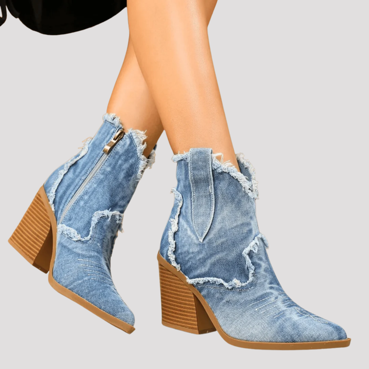 Harper | Frayed Denim Ankle Boots with Block Heel