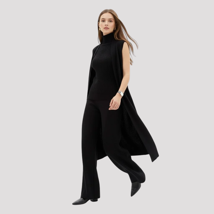 Genevieve | Elegant Knit Top Cardigan And Trousers Set