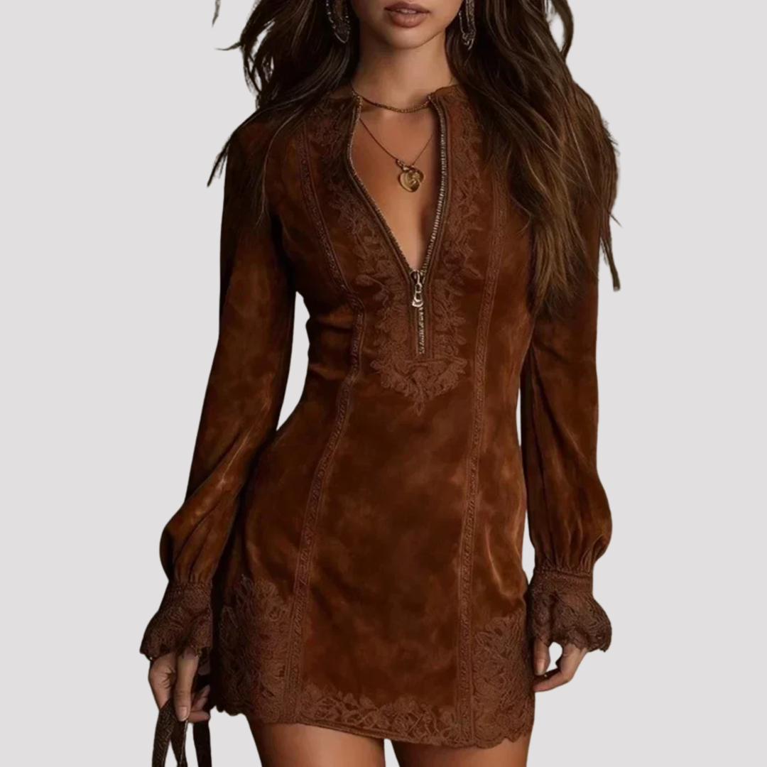 Holly | Embroidered Velvet Mini Dress with Zip Neck