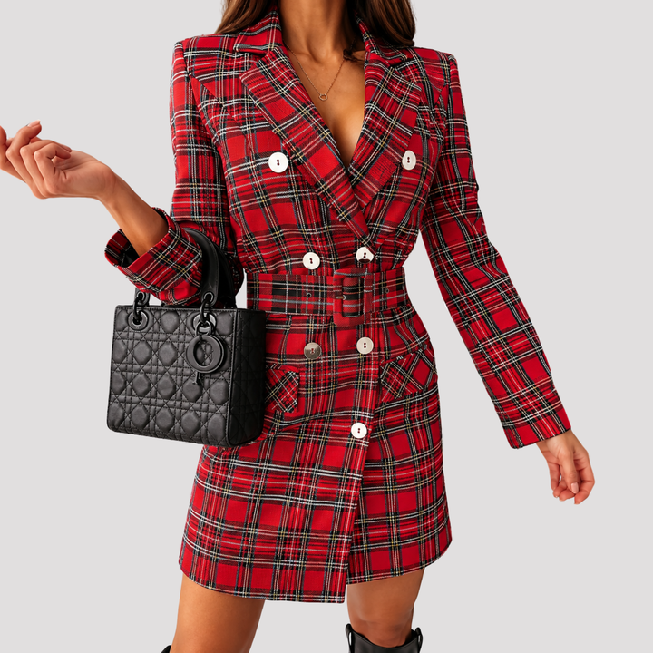 Sophia | Belted Double Breasted Mini Coat Dress with Lapel Collar