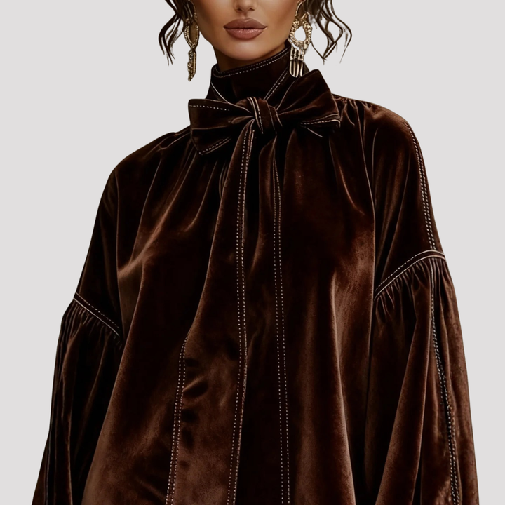 Freya | Bow Neck Velvet Mini Dress with Puff Sleeves