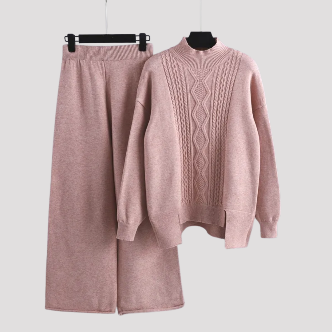 Theodora | Cable Knit High Neck Sweater And Wide Leg Trousers Set