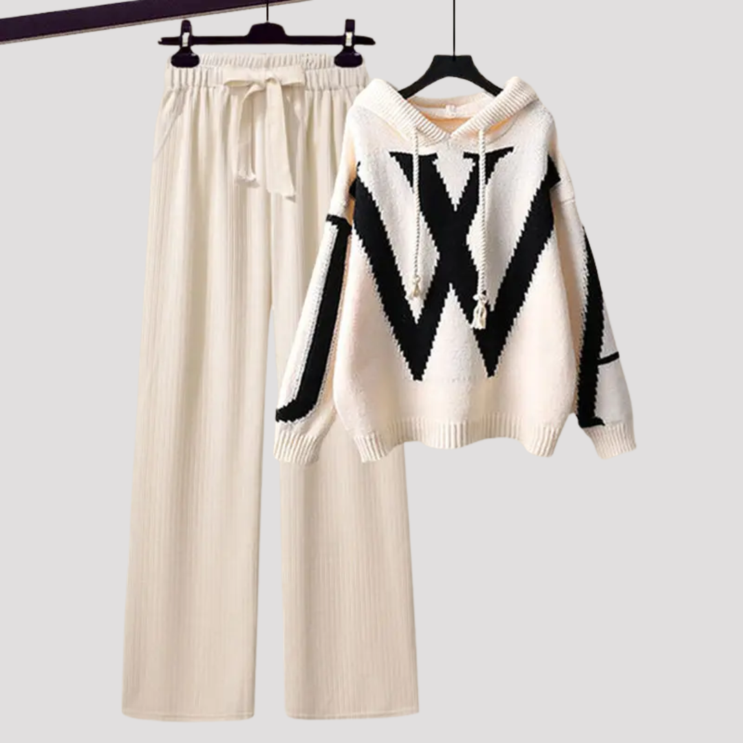 Elspeth | Patterned Knit Hoodie And Wide Leg Trousers Set