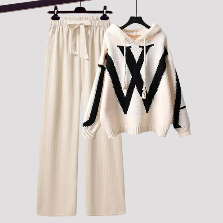 Elspeth | Patterned Knit Hoodie And Wide Leg Trousers Set