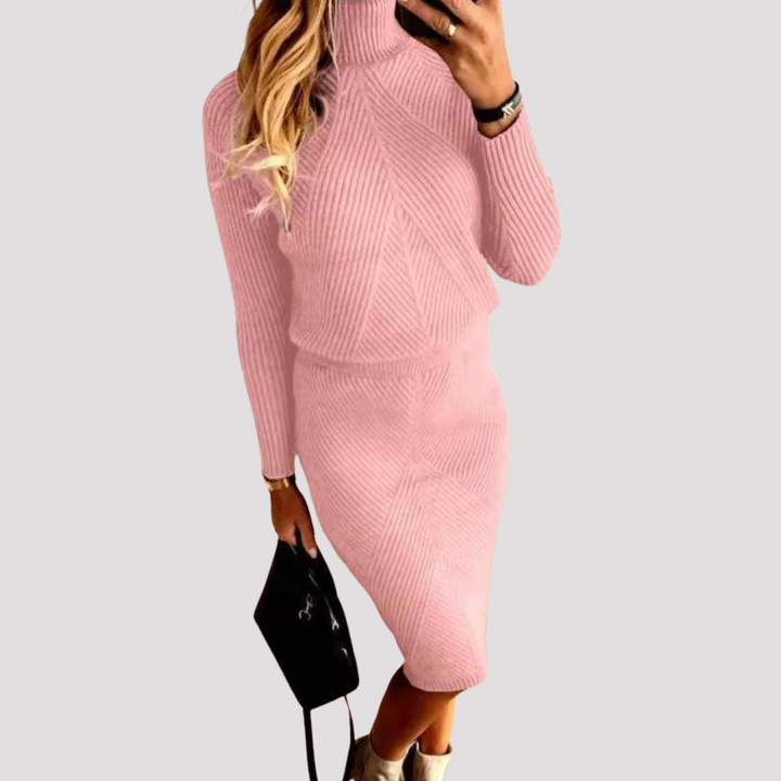 Saskia | Ribbed Knit Turtleneck Sweater And Midi Skirt Set