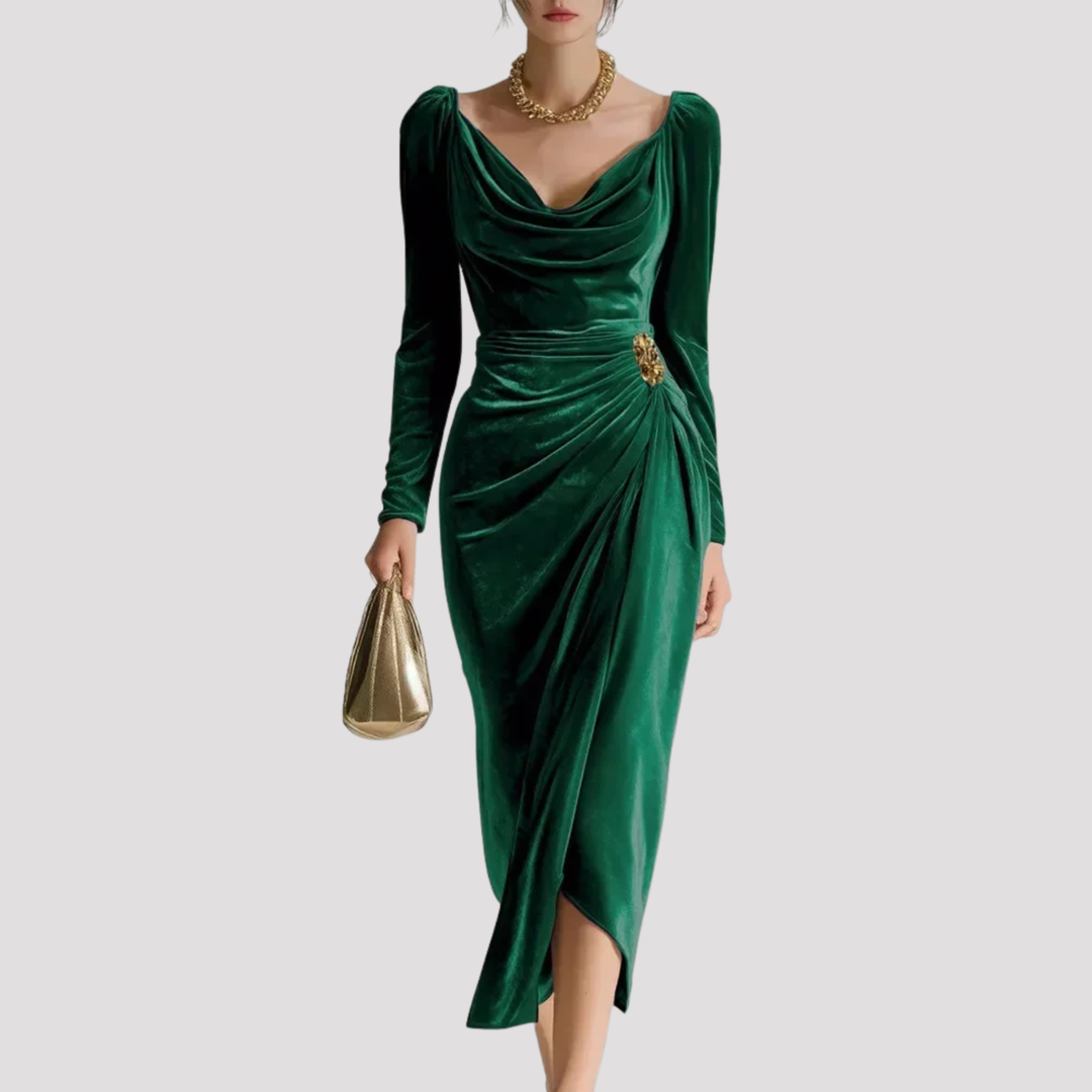 Sophie | Draped Velvet Midi Dress with Long Sleeves