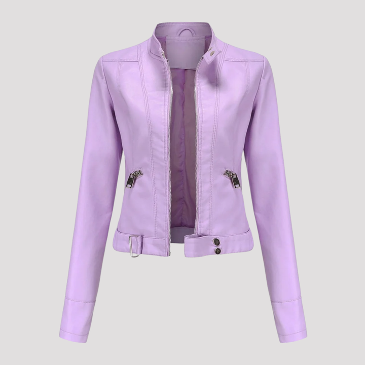 Olivia | Moto Faux Leather Jacket with Stand Collar