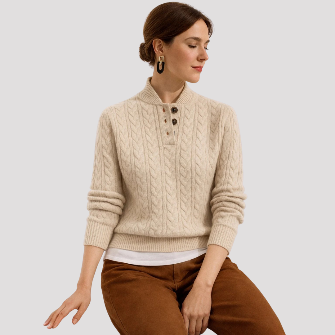 Phoebe | Cable Knit Button Neck Jumper