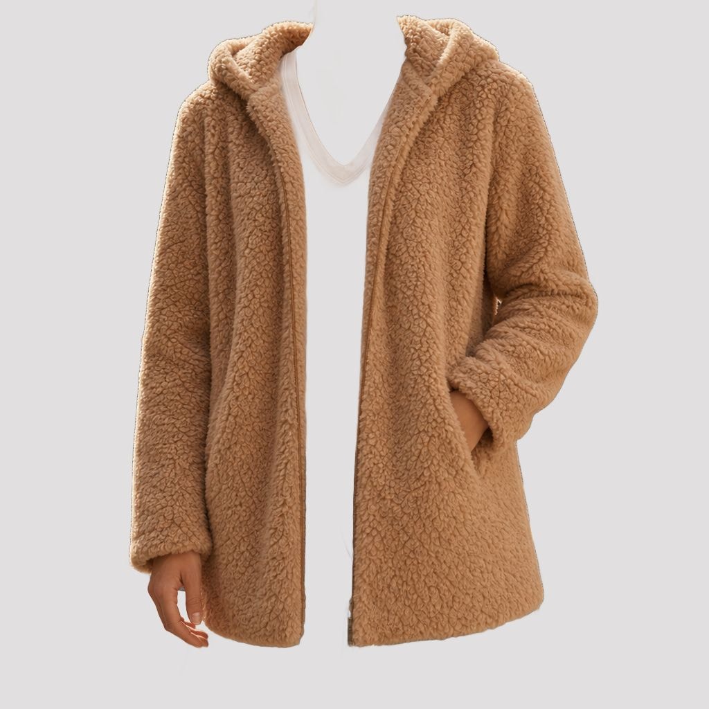 Menton Hooded Teddy Fleece Jacket in Camel