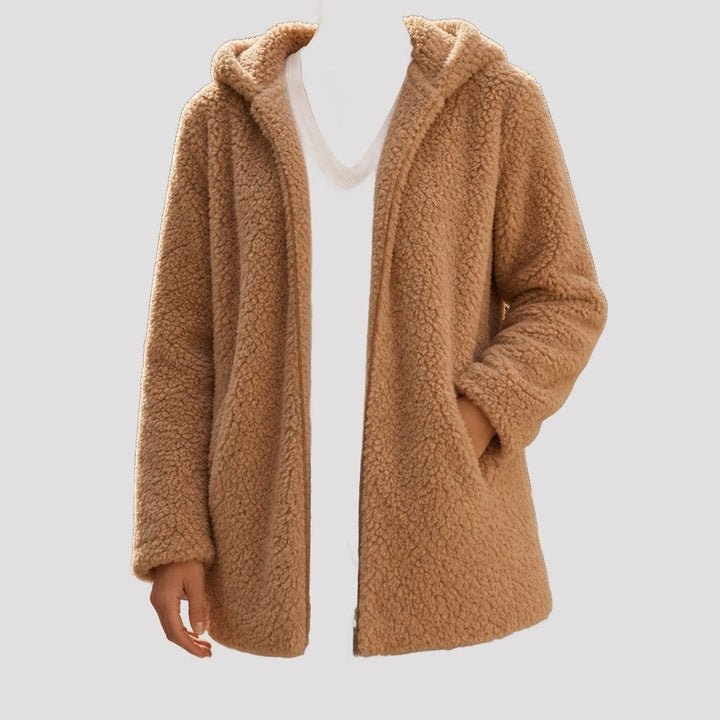 Menton Hooded Teddy Fleece Jacket in Camel