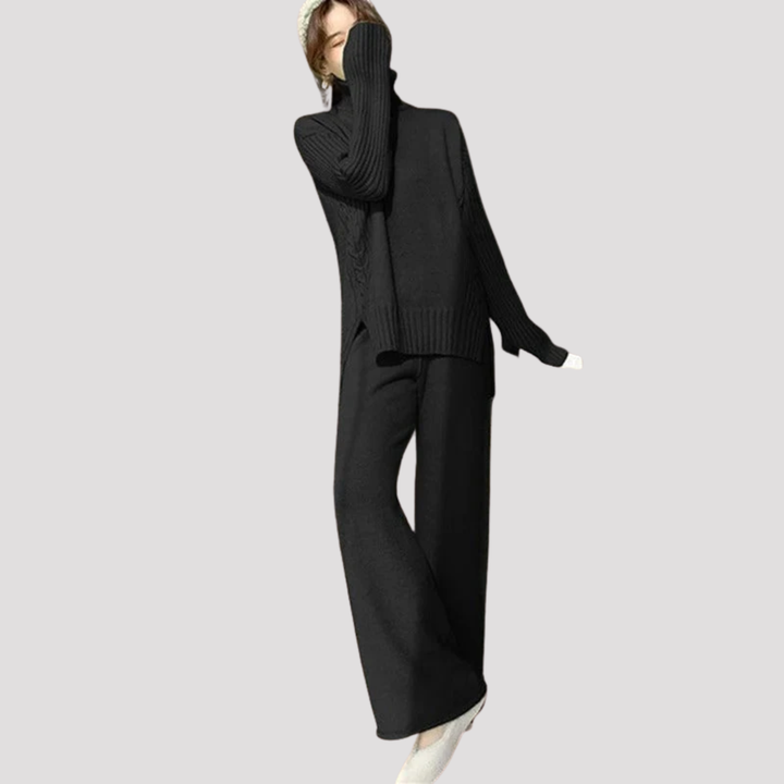 Linnea | Elegant Turtleneck Knit Sweater And Wide Leg Trousers Set