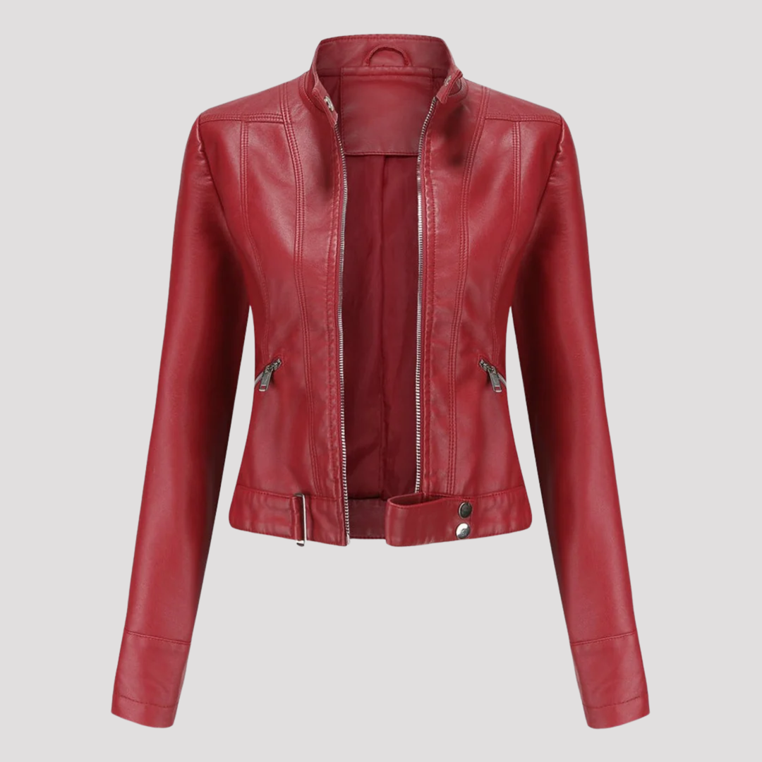 Olivia | Moto Faux Leather Jacket with Stand Collar