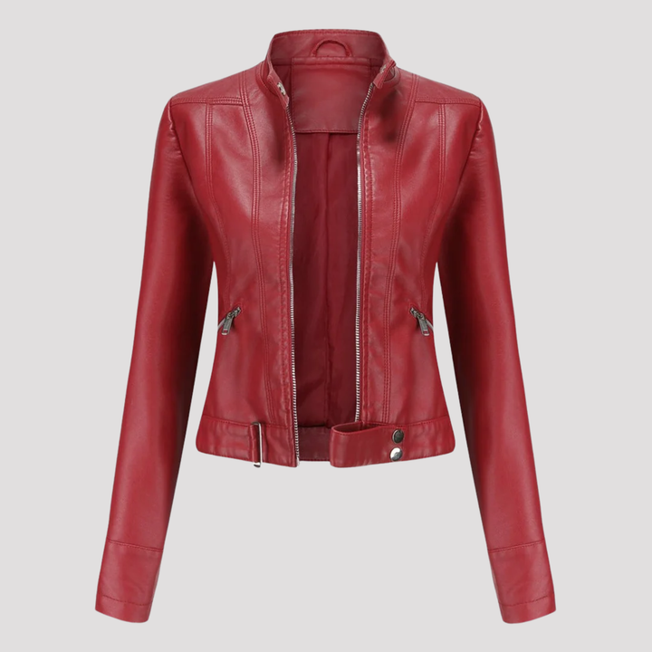Olivia | Moto Faux Leather Jacket with Stand Collar
