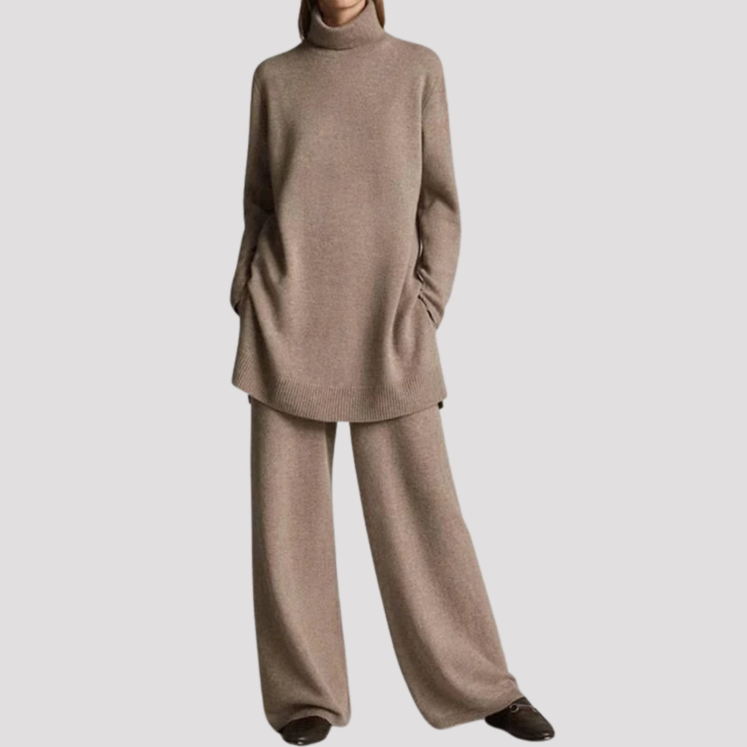 Cordelia | Elegant Knit Turtleneck Sweater And Wide Leg Trousers Set