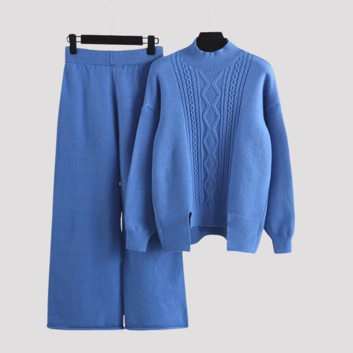 Theodora | Cable Knit High Neck Sweater And Wide Leg Trousers Set