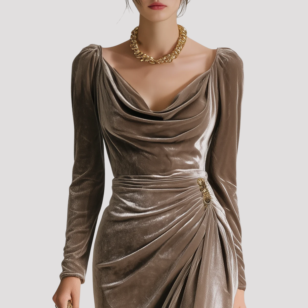 Sophie | Draped Velvet Midi Dress with Long Sleeves