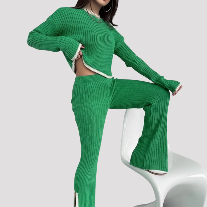 Seraphina | Ribbed Knit Crew Neck Sweater And Wide Leg Trousers Set
