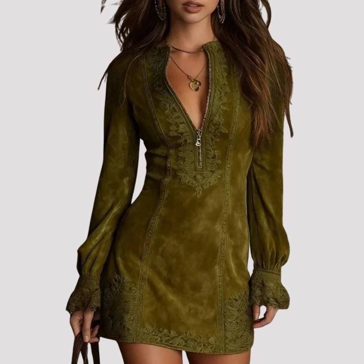 Holly | Embroidered Velvet Mini Dress with Zip Neck