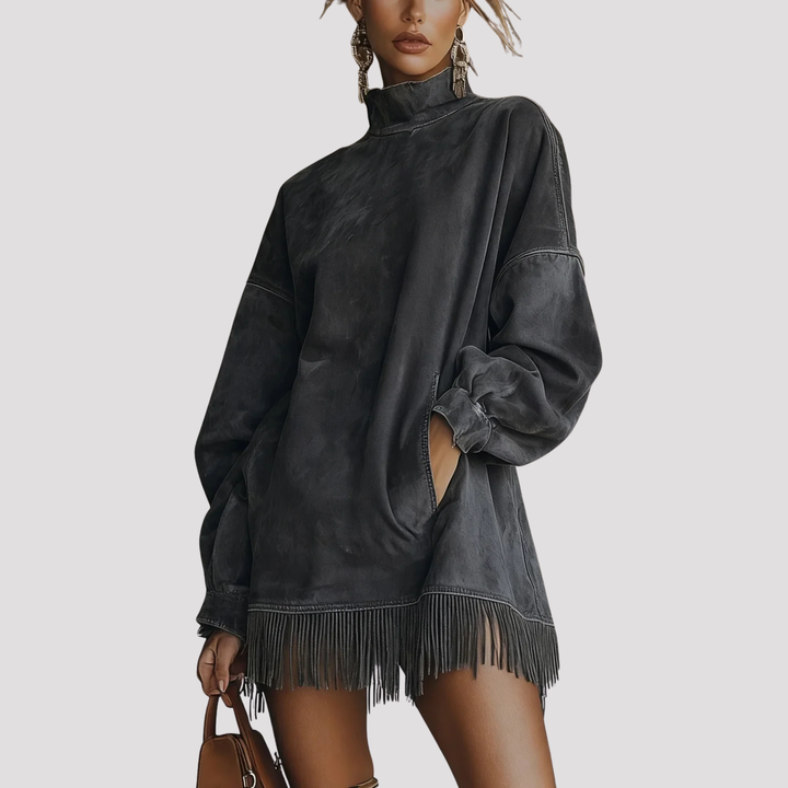 Harper | Fringe Hem Velvet Mini Dress with High Neck