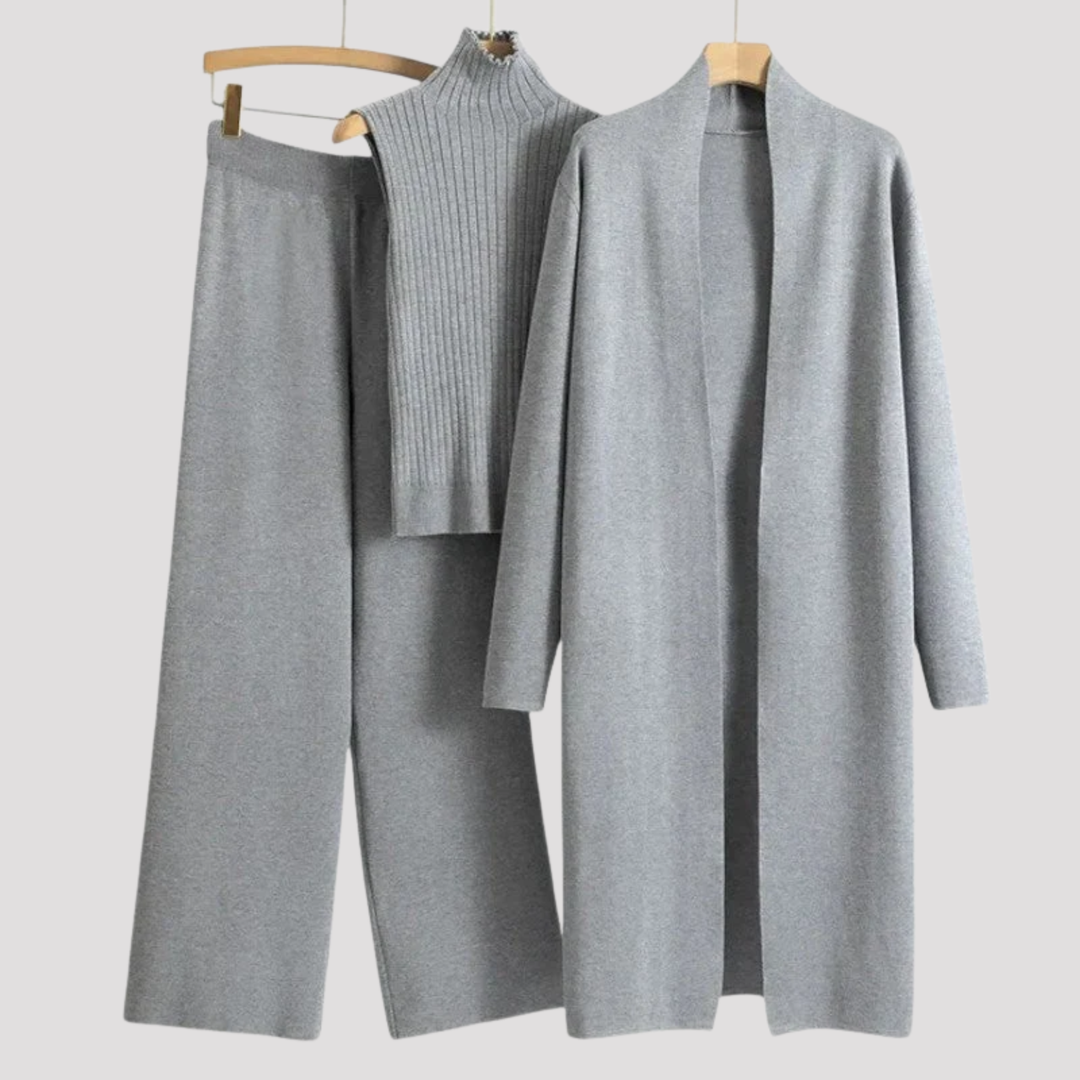 Genevieve | Elegant Knit Top Cardigan And Trousers Set