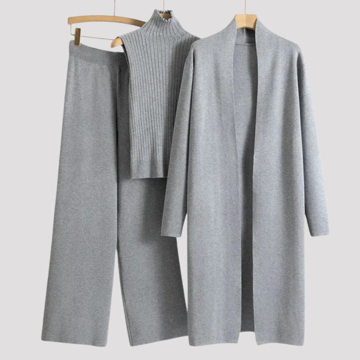 Genevieve | Elegant Knit Top Cardigan And Trousers Set