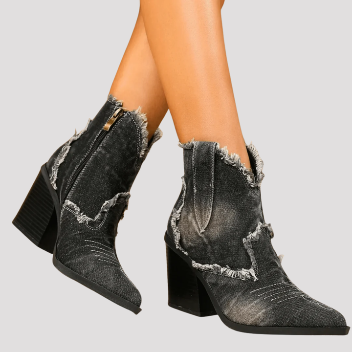Harper | Frayed Denim Ankle Boots with Block Heel