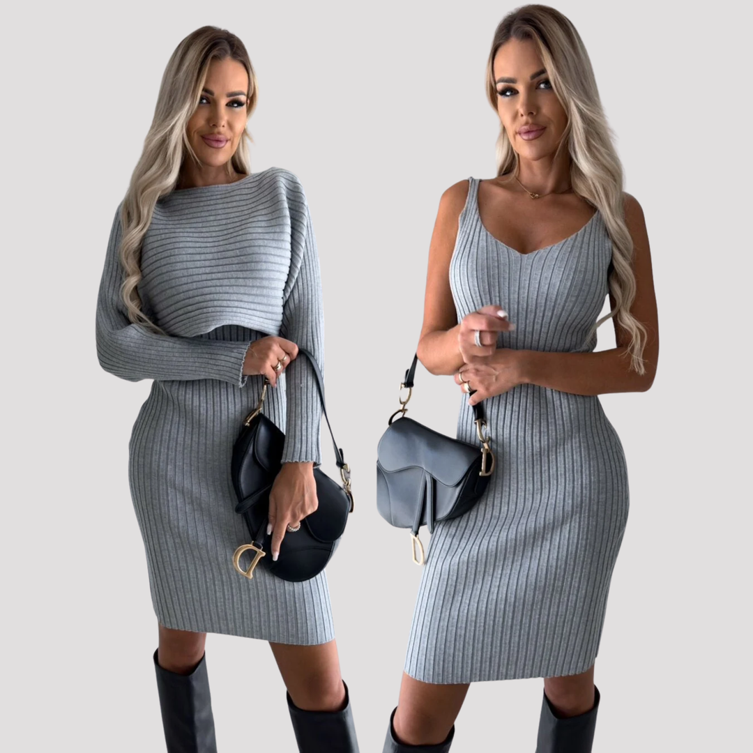 Elowen | Elegant Ribbed Knit Sweater And Midi Dress Set
