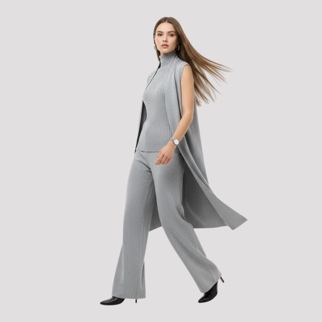 Genevieve | Elegant Knit Top Cardigan And Trousers Set