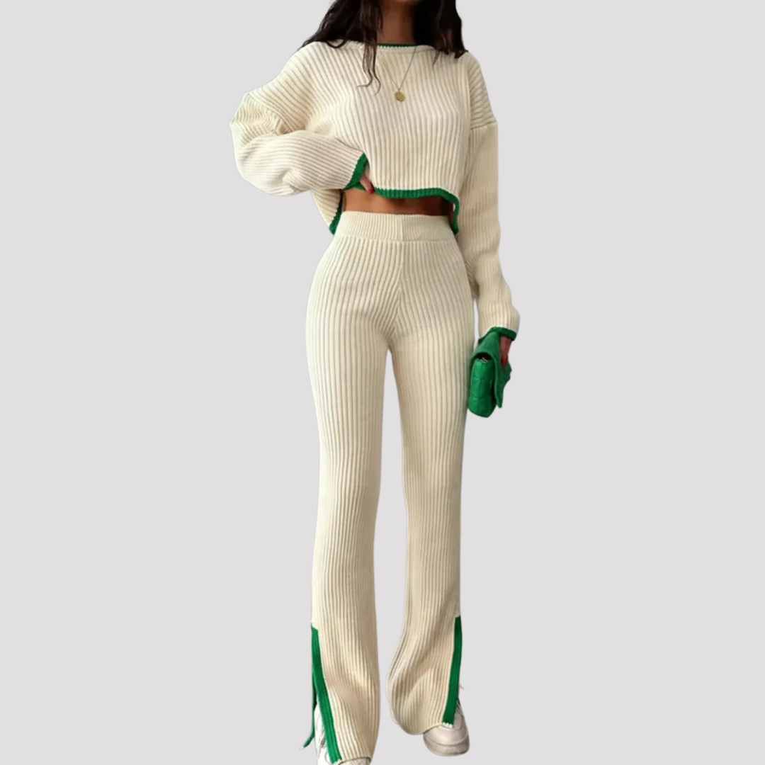Seraphina | Ribbed Knit Crew Neck Sweater And Wide Leg Trousers Set