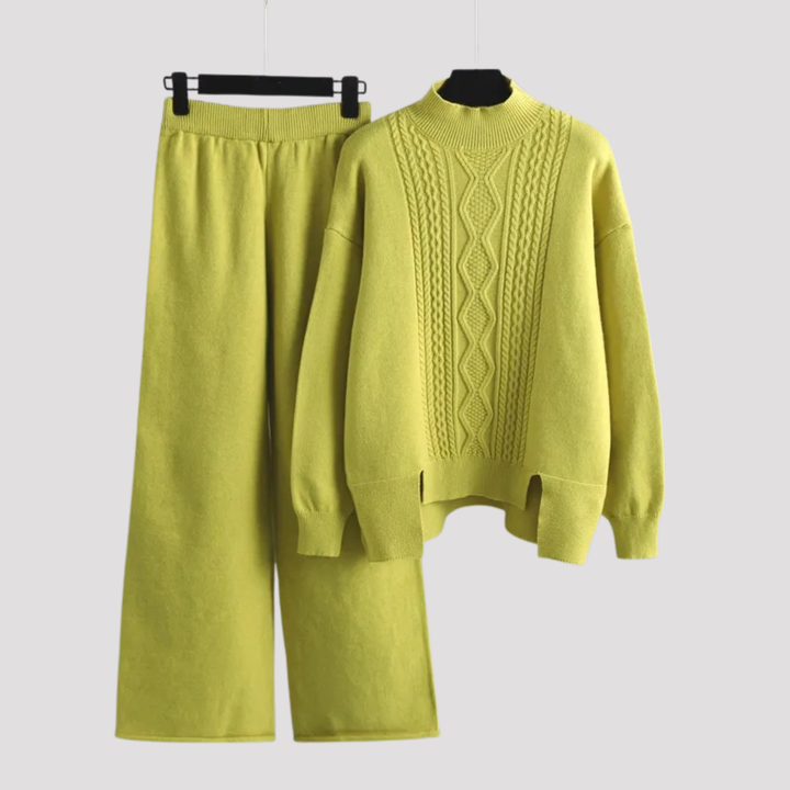 Theodora | Cable Knit High Neck Sweater And Wide Leg Trousers Set