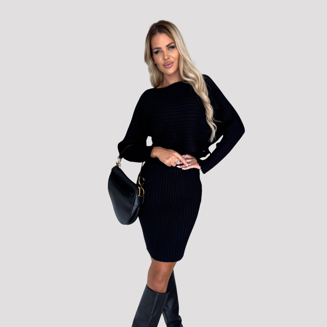 Elowen | Elegant Ribbed Knit Sweater And Midi Dress Set