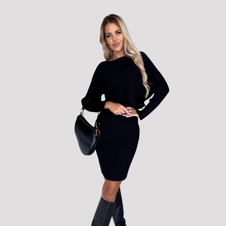 Elowen | Elegant Ribbed Knit Sweater And Midi Dress Set