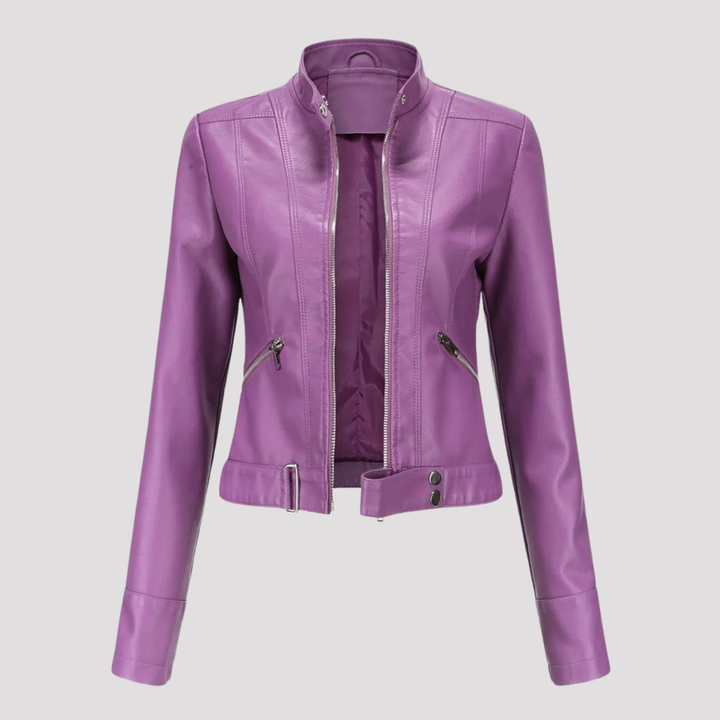Olivia | Moto Faux Leather Jacket with Stand Collar
