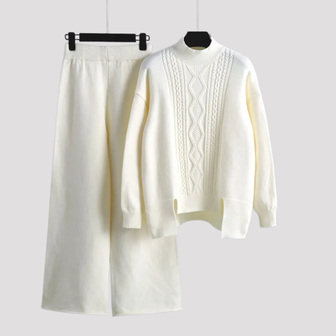 Theodora | Cable Knit High Neck Sweater And Wide Leg Trousers Set