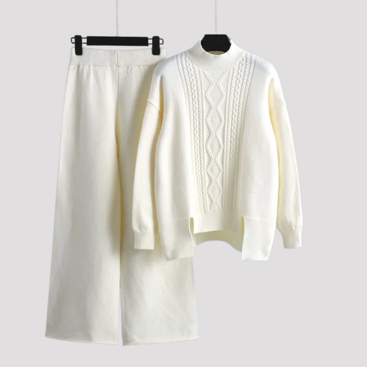 Theodora | Cable Knit High Neck Sweater And Wide Leg Trousers Set