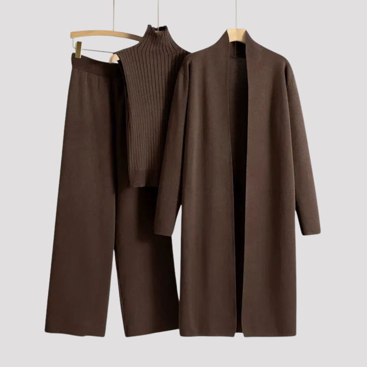 Genevieve | Elegant Knit Top Cardigan And Trousers Set