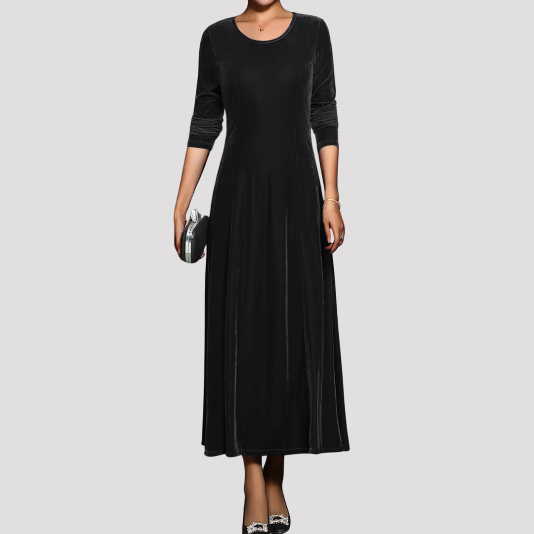 Ava | Long Sleeve Velvet Maxi Dress with Round Neck