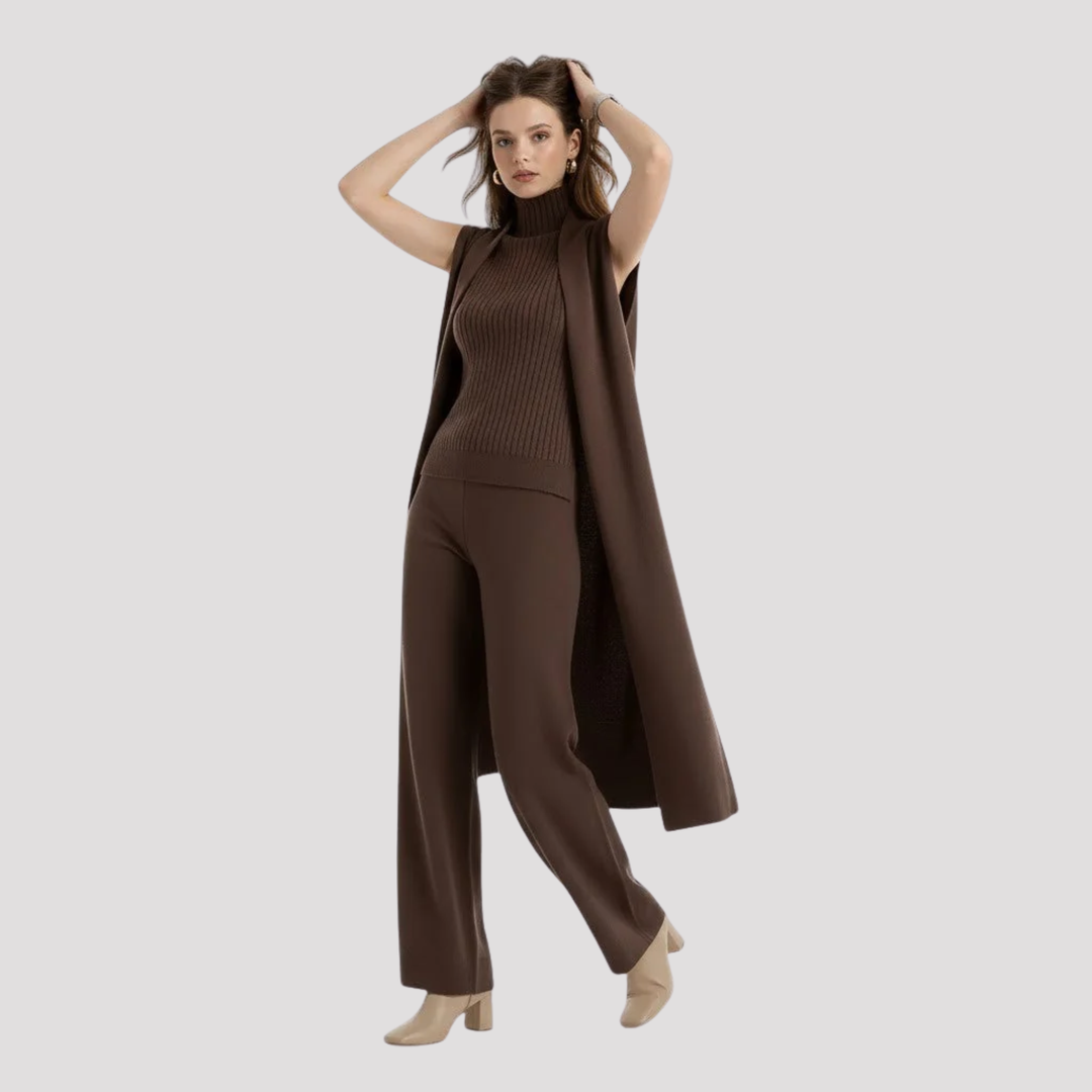 Genevieve | Elegant Knit Top Cardigan And Trousers Set