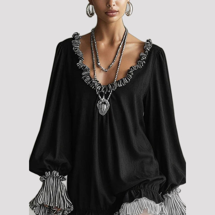 Nadine | Black Ruffled V Neck Christmas Party Mini Dress