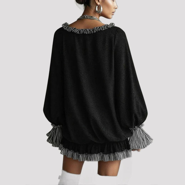 Nadine | Black Ruffled V Neck Christmas Party Mini Dress