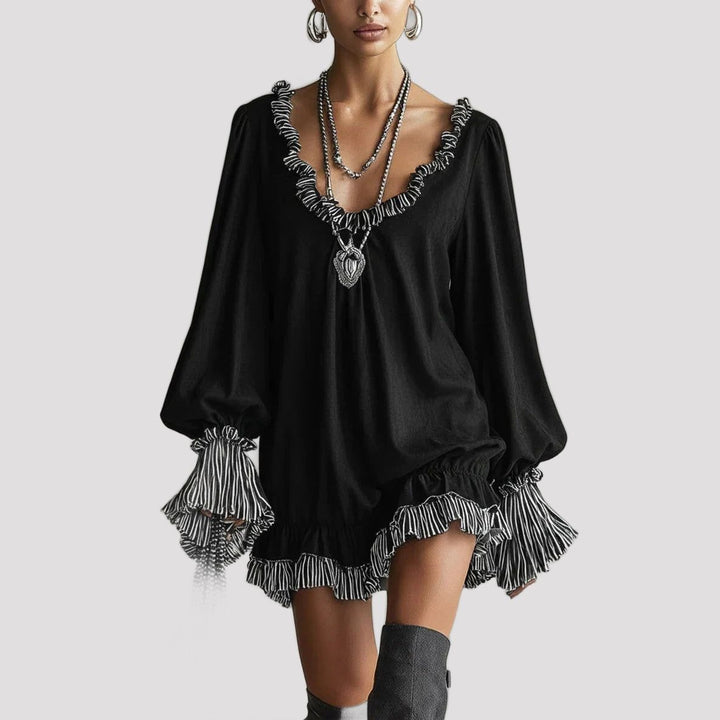 Nadine | Black Ruffled V Neck Christmas Party Mini Dress