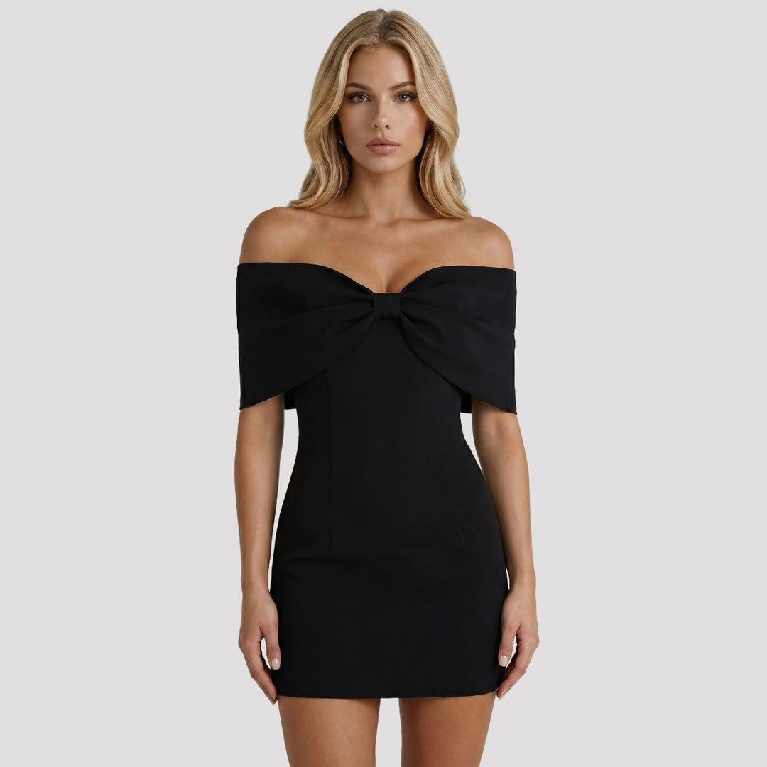 Indie | Black Off Shoulder Bow Party Mini Dress