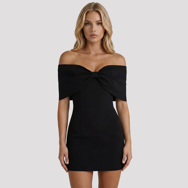 Indie | Black Off Shoulder Bow Party Mini Dress