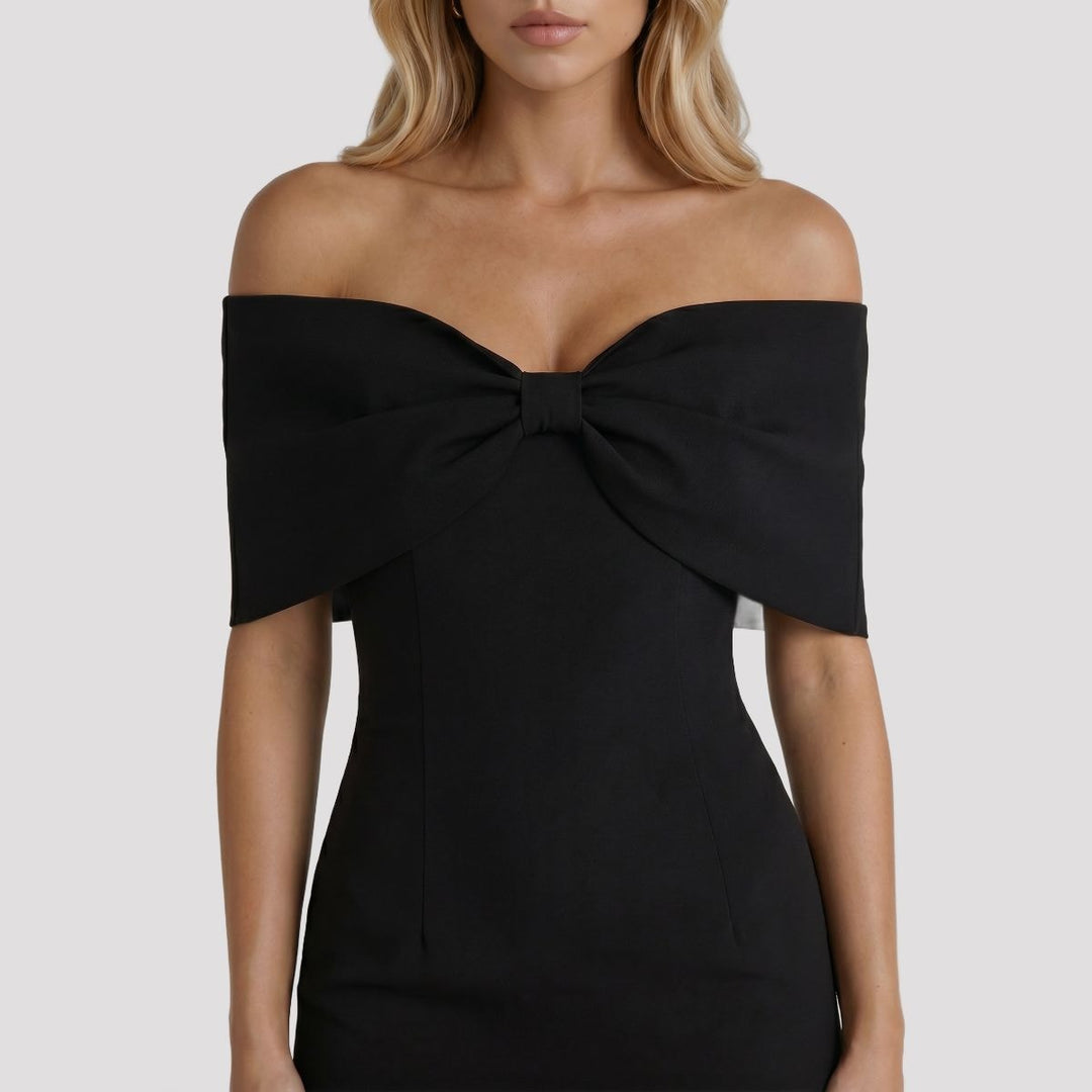 Indie | Black Off Shoulder Bow Party Mini Dress