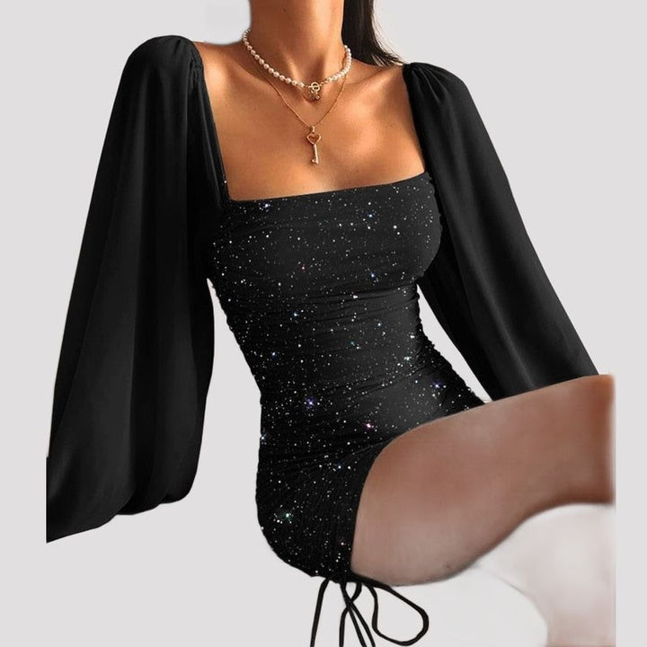 Portia | Black Glitter Square Neck Christmas Party Mini Dress