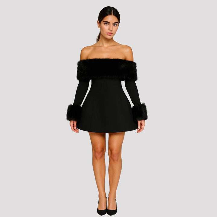 Marlow | Black Faux Fur Trim Off Shoulder Christmas Party Mini Dress