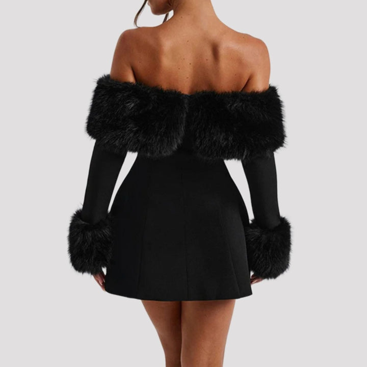 Marlow | Black Faux Fur Trim Off Shoulder Christmas Party Mini Dress